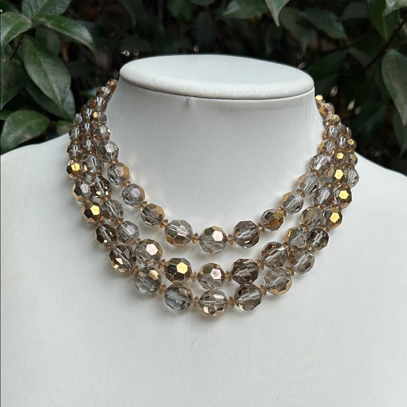 Jewelry - Mid-20th Century Smoky Gold Beaded Faceted Glass Three Strands Choker Necklace